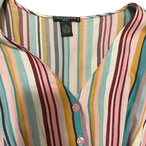 Chelsea & Theodore Linen Rainbow Candy Striped Multicolor V-Neck Shirt Dress 2X - Picture 5 of 6